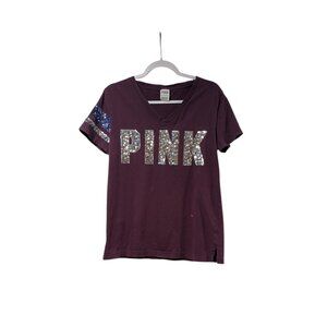 Victoria's Secret PINK Burgundy Bling Sequin V-neck T-shirt Sz XS
